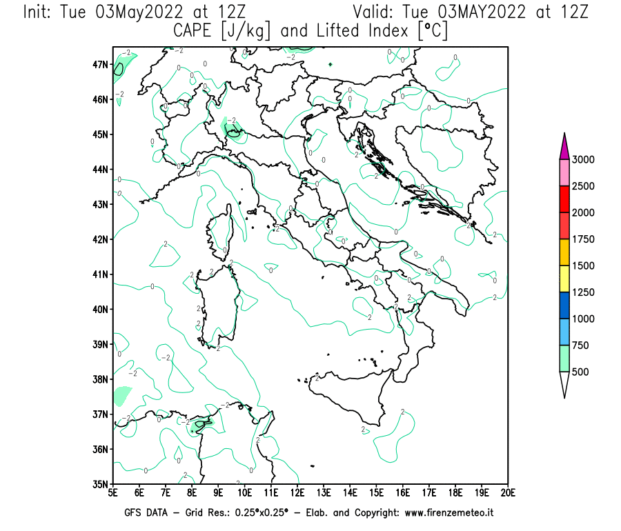 Mappa di analisi GFS - CAPE [J/kg] e Lifted Index [°C] in Italia
									del 03/05/2022 12 <!--googleoff: index-->UTC<!--googleon: index-->