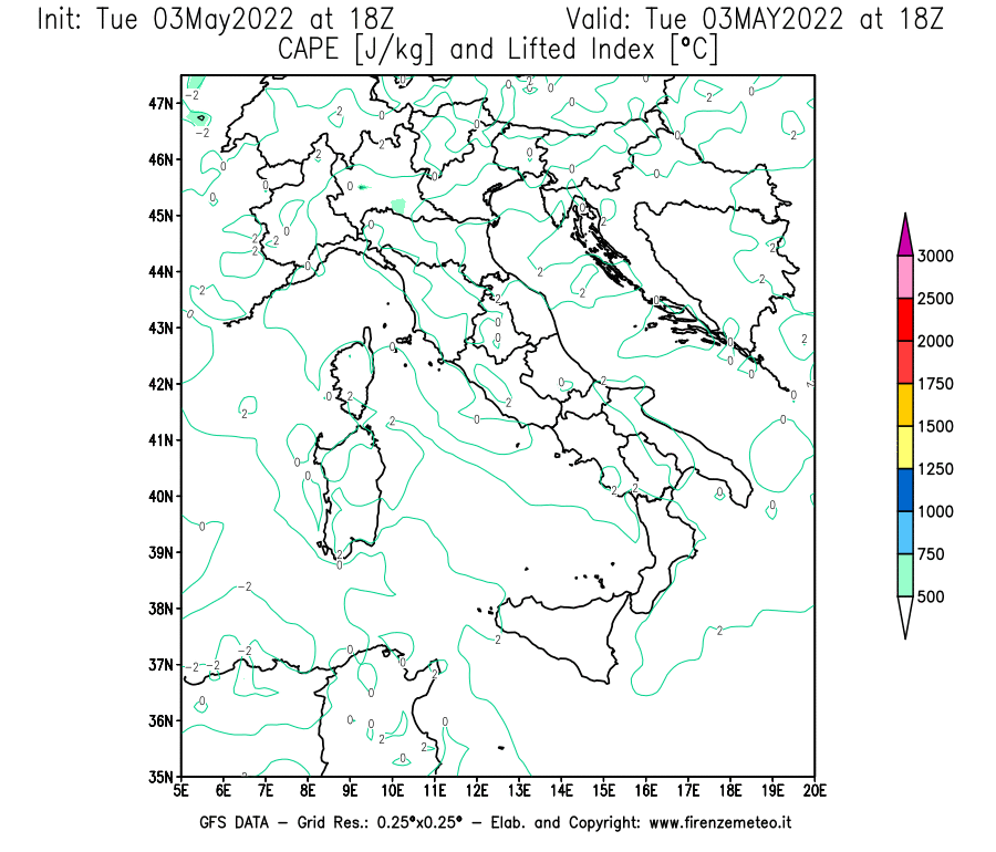 Mappa di analisi GFS - CAPE [J/kg] e Lifted Index [°C] in Italia
									del 03/05/2022 18 <!--googleoff: index-->UTC<!--googleon: index-->