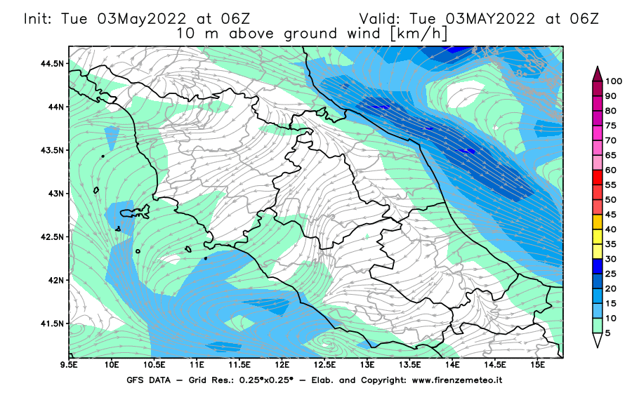 Mappa di analisi GFS - Velocità del vento a 10 metri dal suolo [km/h] in Centro-Italia
									del 03/05/2022 06 <!--googleoff: index-->UTC<!--googleon: index-->