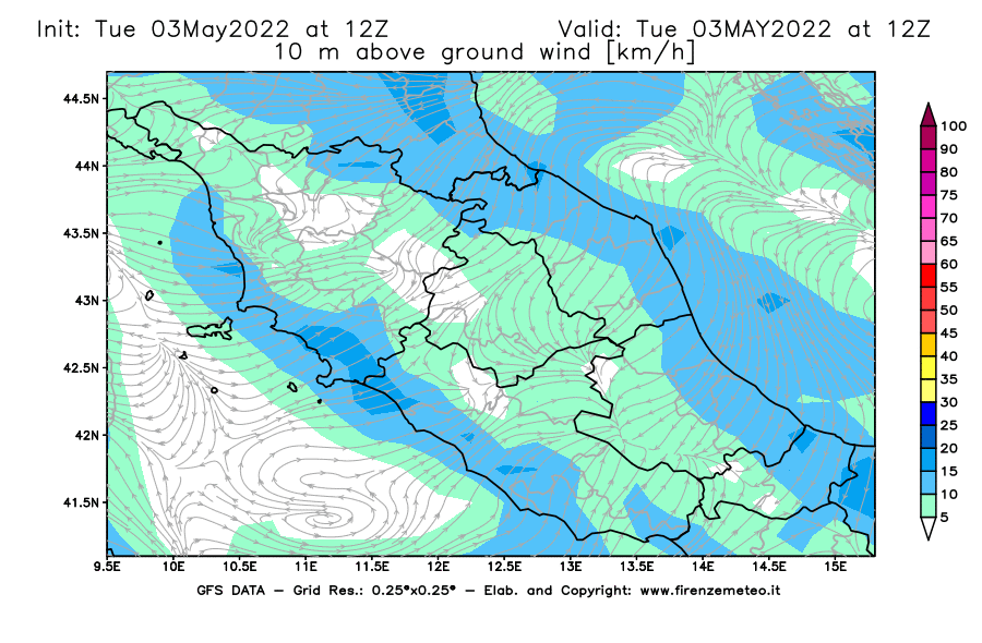 Mappa di analisi GFS - Velocità del vento a 10 metri dal suolo [km/h] in Centro-Italia
									del 03/05/2022 12 <!--googleoff: index-->UTC<!--googleon: index-->