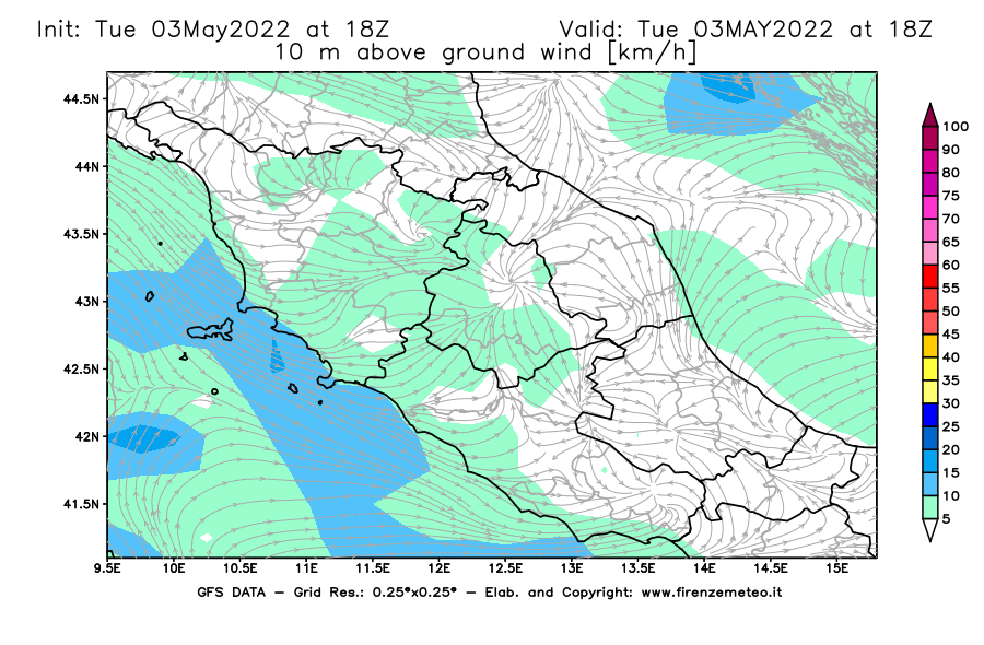 Mappa di analisi GFS - Velocità del vento a 10 metri dal suolo [km/h] in Centro-Italia
									del 03/05/2022 18 <!--googleoff: index-->UTC<!--googleon: index-->