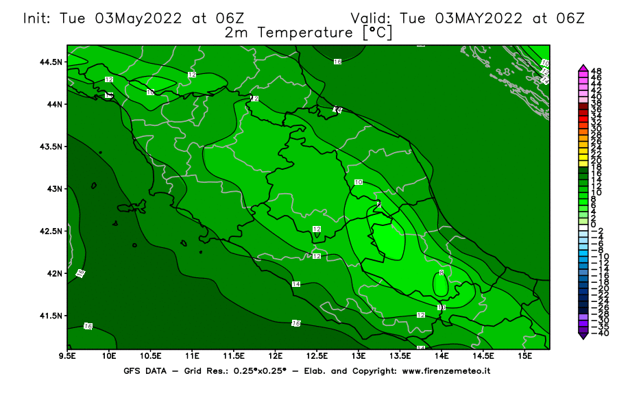 Mappa di analisi GFS - Temperatura a 2 metri dal suolo [°C] in Centro-Italia
									del 03/05/2022 06 <!--googleoff: index-->UTC<!--googleon: index-->