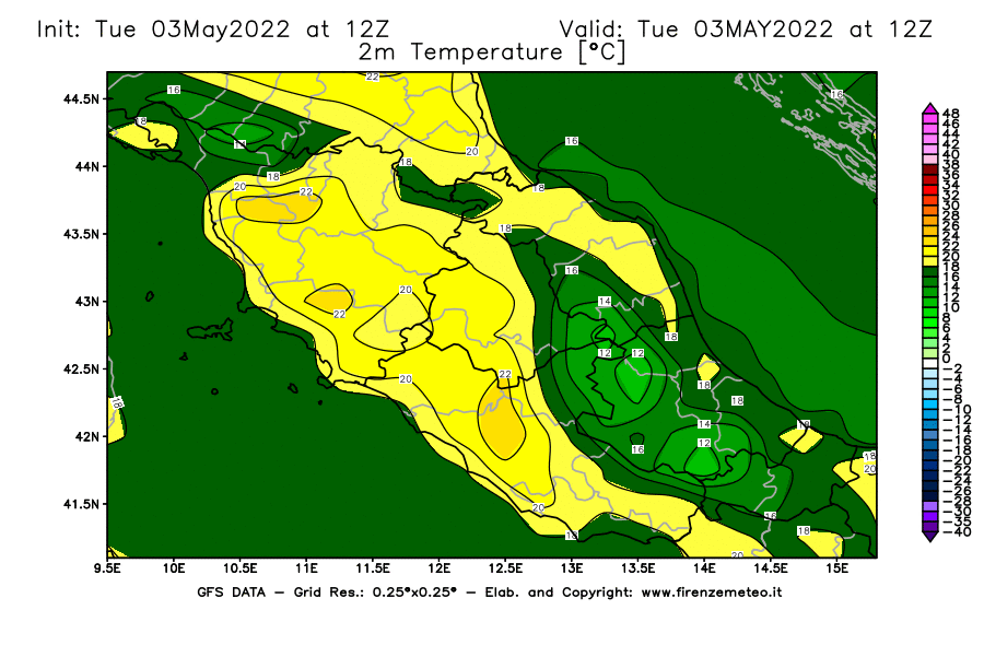 Mappa di analisi GFS - Temperatura a 2 metri dal suolo [°C] in Centro-Italia
									del 03/05/2022 12 <!--googleoff: index-->UTC<!--googleon: index-->