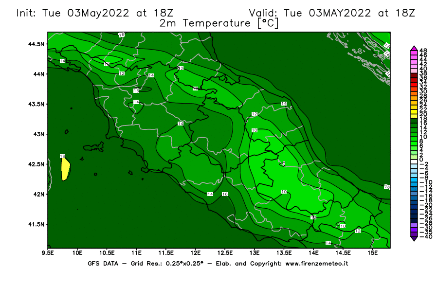 Mappa di analisi GFS - Temperatura a 2 metri dal suolo [°C] in Centro-Italia
									del 03/05/2022 18 <!--googleoff: index-->UTC<!--googleon: index-->