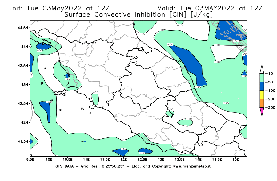 Mappa di analisi GFS - CIN [J/kg] in Centro-Italia
									del 03/05/2022 12 <!--googleoff: index-->UTC<!--googleon: index-->