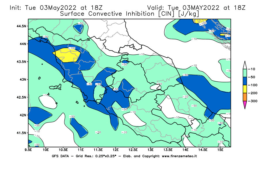 Mappa di analisi GFS - CIN [J/kg] in Centro-Italia
									del 03/05/2022 18 <!--googleoff: index-->UTC<!--googleon: index-->