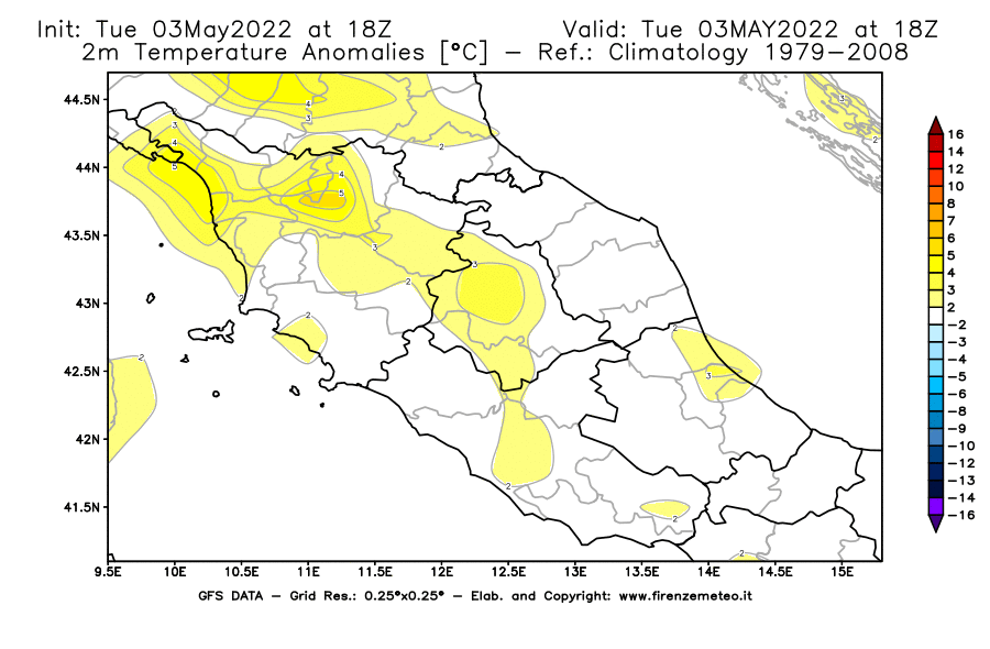 Mappa di analisi GFS - Anomalia Temperatura [°C] a 2 m in Centro-Italia
									del 03/05/2022 18 <!--googleoff: index-->UTC<!--googleon: index-->