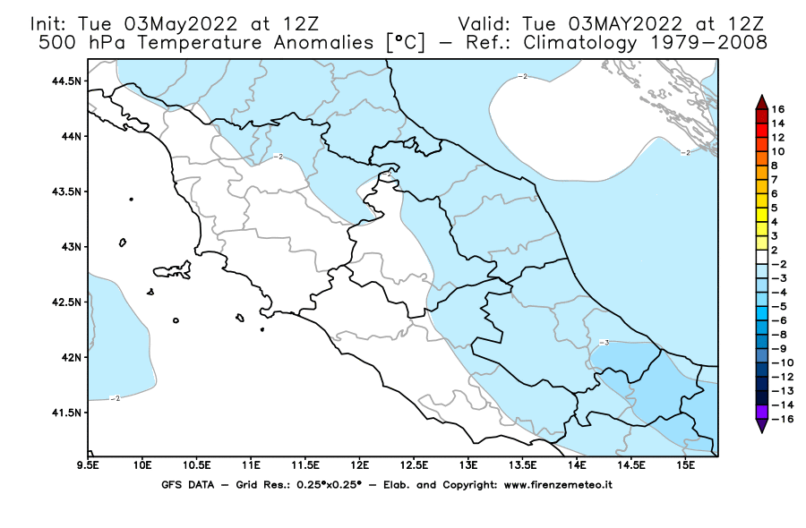 Mappa di analisi GFS - Anomalia Temperatura [°C] a 500 hPa in Centro-Italia
									del 03/05/2022 12 <!--googleoff: index-->UTC<!--googleon: index-->