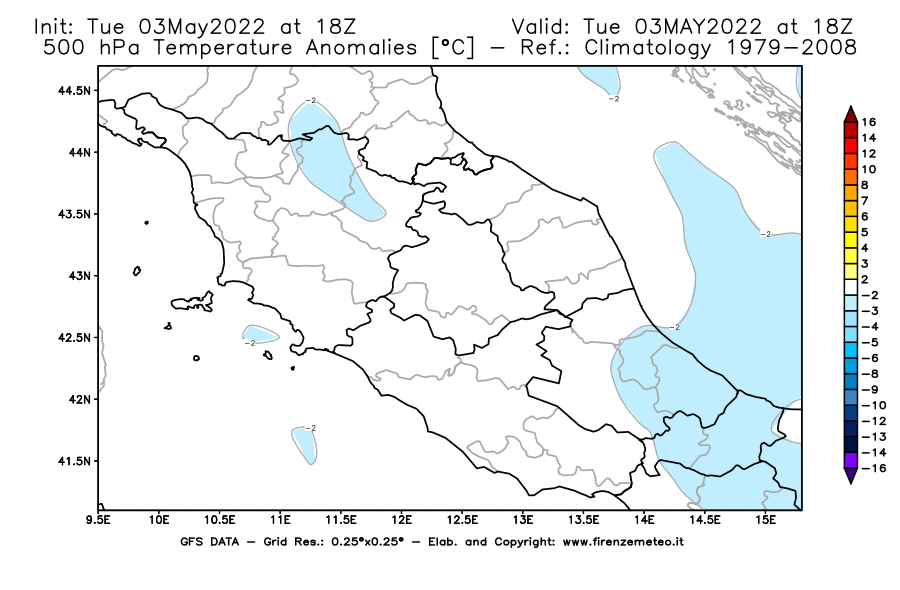 Mappa di analisi GFS - Anomalia Temperatura [°C] a 500 hPa in Centro-Italia
									del 03/05/2022 18 <!--googleoff: index-->UTC<!--googleon: index-->