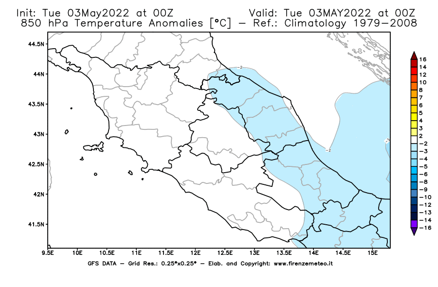 Mappa di analisi GFS - Anomalia Temperatura [°C] a 850 hPa in Centro-Italia
									del 03/05/2022 00 <!--googleoff: index-->UTC<!--googleon: index-->