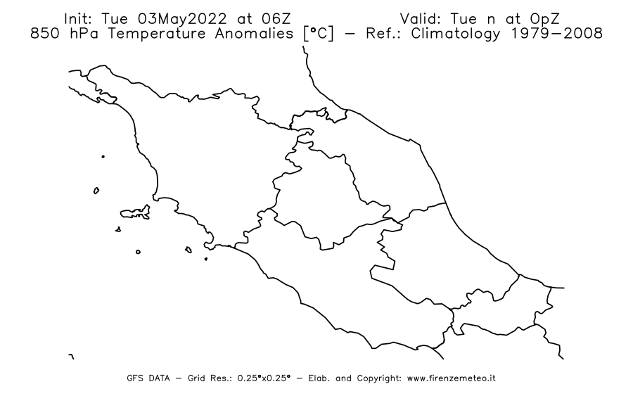 Mappa di analisi GFS - Anomalia Temperatura [°C] a 850 hPa in Centro-Italia
									del 03/05/2022 06 <!--googleoff: index-->UTC<!--googleon: index-->