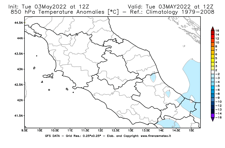 Mappa di analisi GFS - Anomalia Temperatura [°C] a 850 hPa in Centro-Italia
									del 03/05/2022 12 <!--googleoff: index-->UTC<!--googleon: index-->