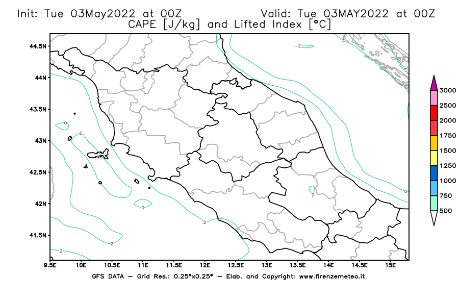 Mappa di analisi GFS - CAPE [J/kg] e Lifted Index [°C] in Centro-Italia
									del 03/05/2022 00 <!--googleoff: index-->UTC<!--googleon: index-->