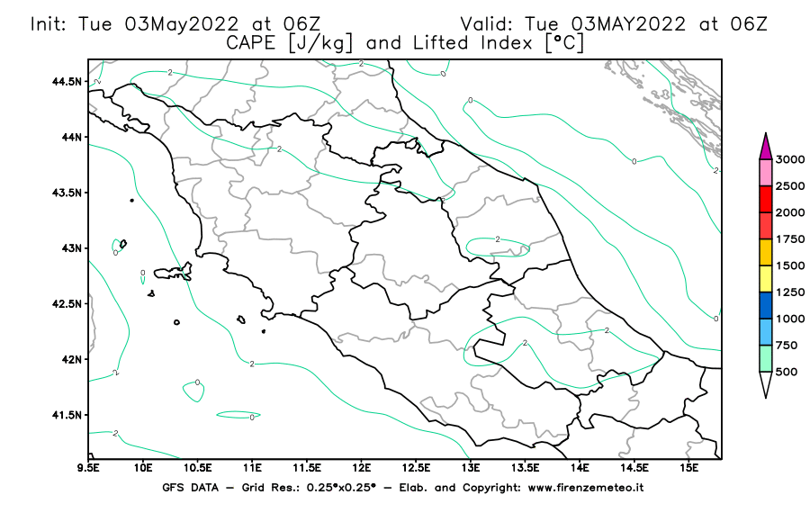 Mappa di analisi GFS - CAPE [J/kg] e Lifted Index [°C] in Centro-Italia
									del 03/05/2022 06 <!--googleoff: index-->UTC<!--googleon: index-->