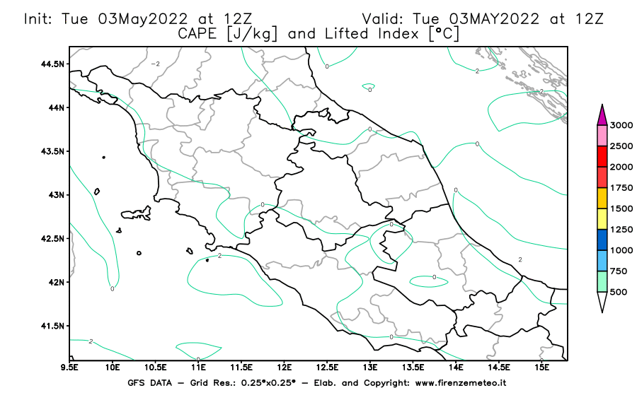 Mappa di analisi GFS - CAPE [J/kg] e Lifted Index [°C] in Centro-Italia
									del 03/05/2022 12 <!--googleoff: index-->UTC<!--googleon: index-->