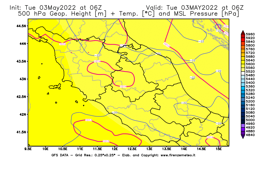 Mappa di analisi GFS - Geopotenziale [m] + Temp. [°C] a 500 hPa + Press. a livello del mare [hPa] in Centro-Italia
									del 03/05/2022 06 <!--googleoff: index-->UTC<!--googleon: index-->