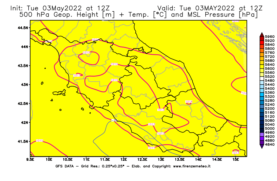 Mappa di analisi GFS - Geopotenziale [m] + Temp. [°C] a 500 hPa + Press. a livello del mare [hPa] in Centro-Italia
									del 03/05/2022 12 <!--googleoff: index-->UTC<!--googleon: index-->