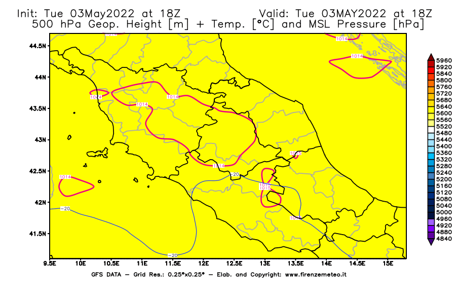 Mappa di analisi GFS - Geopotenziale [m] + Temp. [°C] a 500 hPa + Press. a livello del mare [hPa] in Centro-Italia
									del 03/05/2022 18 <!--googleoff: index-->UTC<!--googleon: index-->