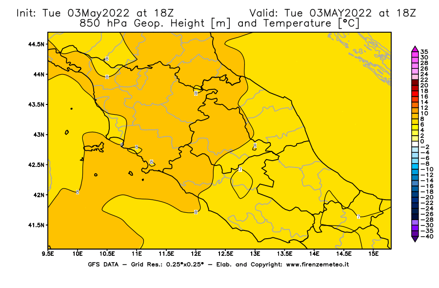 Mappa di analisi GFS - Geopotenziale [m] e Temperatura [°C] a 850 hPa in Centro-Italia
									del 03/05/2022 18 <!--googleoff: index-->UTC<!--googleon: index-->