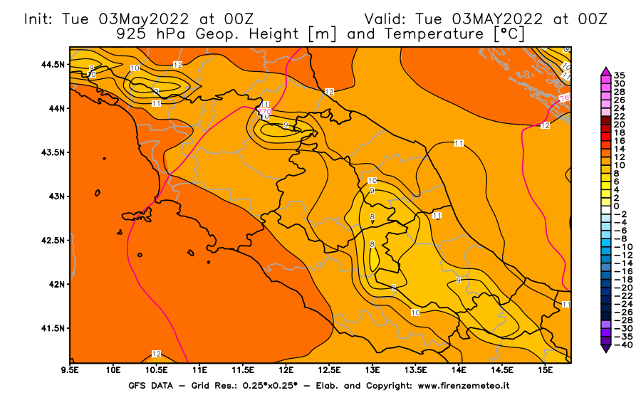 Mappa di analisi GFS - Geopotenziale [m] e Temperatura [°C] a 925 hPa in Centro-Italia
									del 03/05/2022 00 <!--googleoff: index-->UTC<!--googleon: index-->