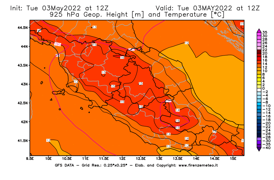 Mappa di analisi GFS - Geopotenziale [m] e Temperatura [°C] a 925 hPa in Centro-Italia
									del 03/05/2022 12 <!--googleoff: index-->UTC<!--googleon: index-->