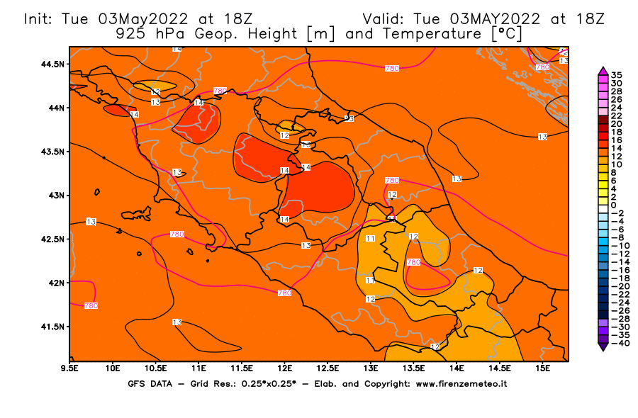 Mappa di analisi GFS - Geopotenziale [m] e Temperatura [°C] a 925 hPa in Centro-Italia
									del 03/05/2022 18 <!--googleoff: index-->UTC<!--googleon: index-->