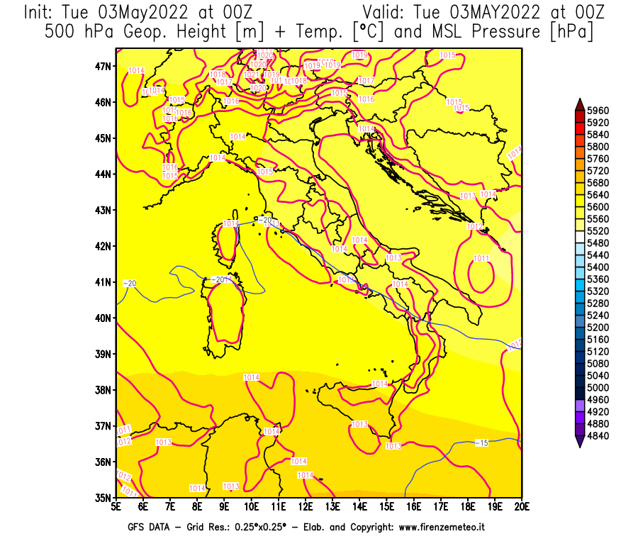 Mappa di analisi GFS - Geopotenziale [m] + Temp. [°C] a 500 hPa + Press. a livello del mare [hPa] in Italia
									del 03/05/2022 00 <!--googleoff: index-->UTC<!--googleon: index-->