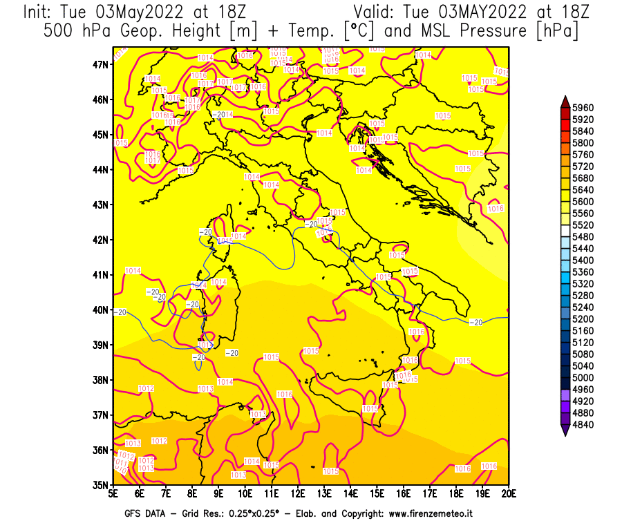 Mappa di analisi GFS - Geopotenziale [m] + Temp. [°C] a 500 hPa + Press. a livello del mare [hPa] in Italia
									del 03/05/2022 18 <!--googleoff: index-->UTC<!--googleon: index-->