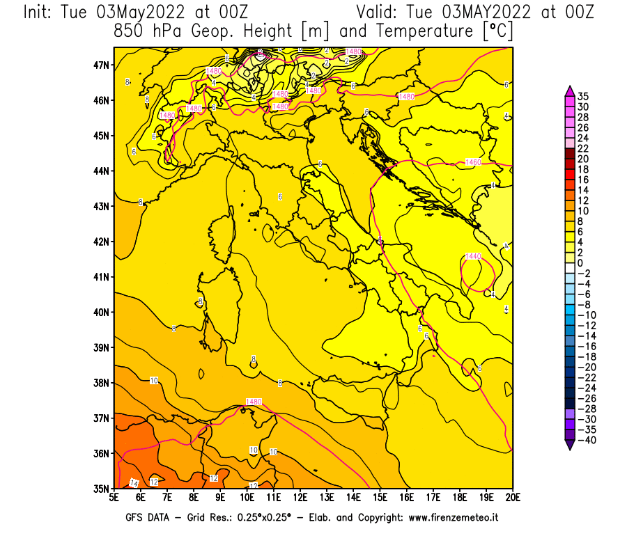Mappa di analisi GFS - Geopotenziale [m] e Temperatura [°C] a 850 hPa in Italia
									del 03/05/2022 00 <!--googleoff: index-->UTC<!--googleon: index-->