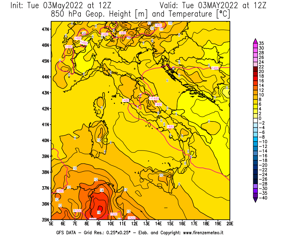Mappa di analisi GFS - Geopotenziale [m] e Temperatura [°C] a 850 hPa in Italia
									del 03/05/2022 12 <!--googleoff: index-->UTC<!--googleon: index-->