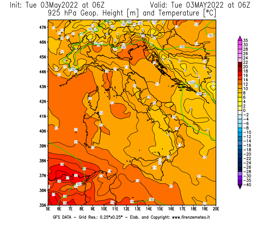 Mappa di analisi GFS - Geopotenziale [m] e Temperatura [°C] a 925 hPa in Italia
									del 03/05/2022 06 <!--googleoff: index-->UTC<!--googleon: index-->