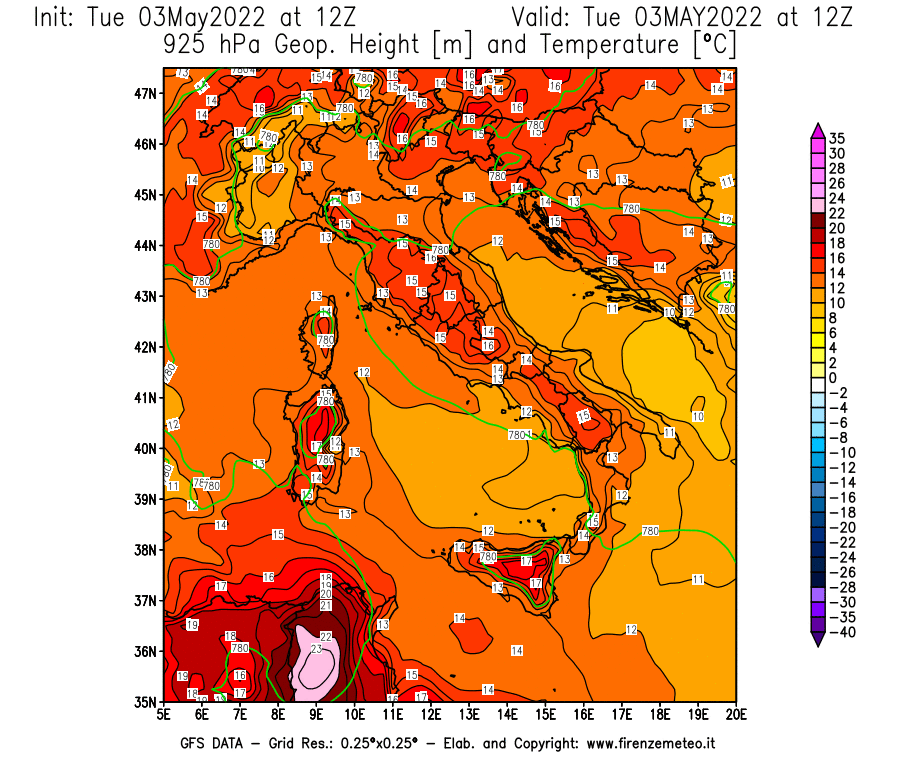 Mappa di analisi GFS - Geopotenziale [m] e Temperatura [°C] a 925 hPa in Italia
									del 03/05/2022 12 <!--googleoff: index-->UTC<!--googleon: index-->
