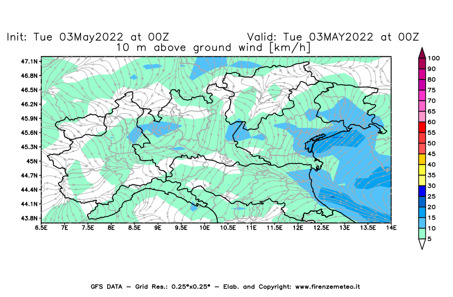 Mappa di analisi GFS - Velocità del vento a 10 metri dal suolo [km/h] in Nord-Italia
									del 03/05/2022 00 <!--googleoff: index-->UTC<!--googleon: index-->
