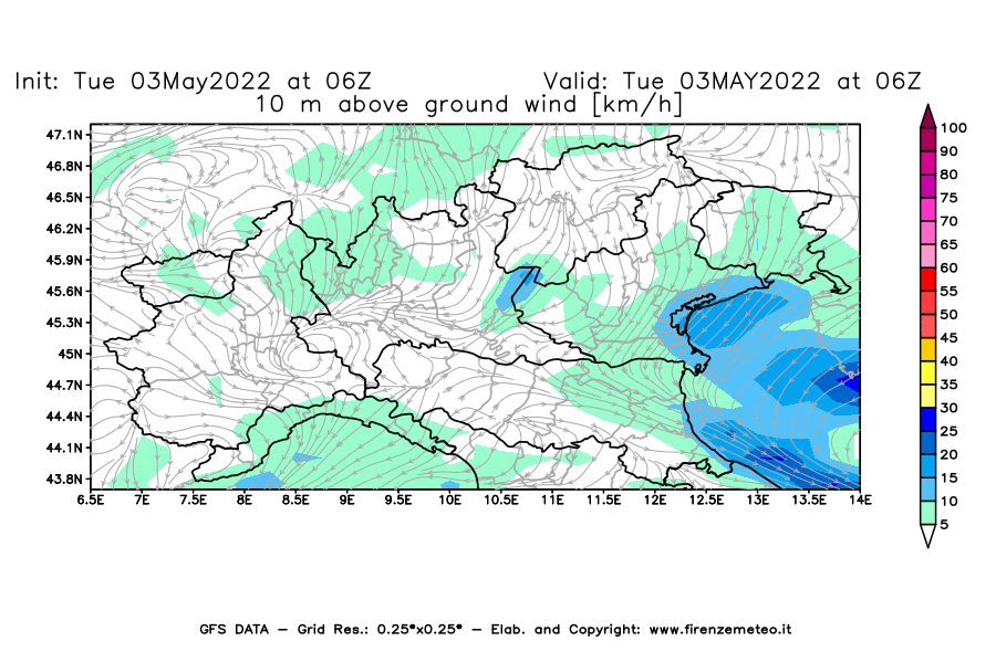 Mappa di analisi GFS - Velocità del vento a 10 metri dal suolo [km/h] in Nord-Italia
									del 03/05/2022 06 <!--googleoff: index-->UTC<!--googleon: index-->