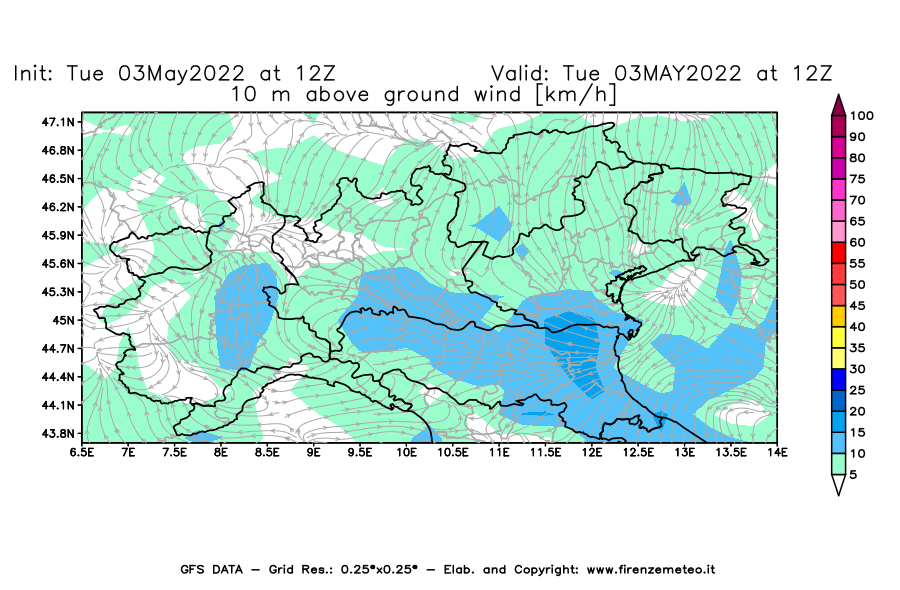 Mappa di analisi GFS - Velocità del vento a 10 metri dal suolo [km/h] in Nord-Italia
									del 03/05/2022 12 <!--googleoff: index-->UTC<!--googleon: index-->