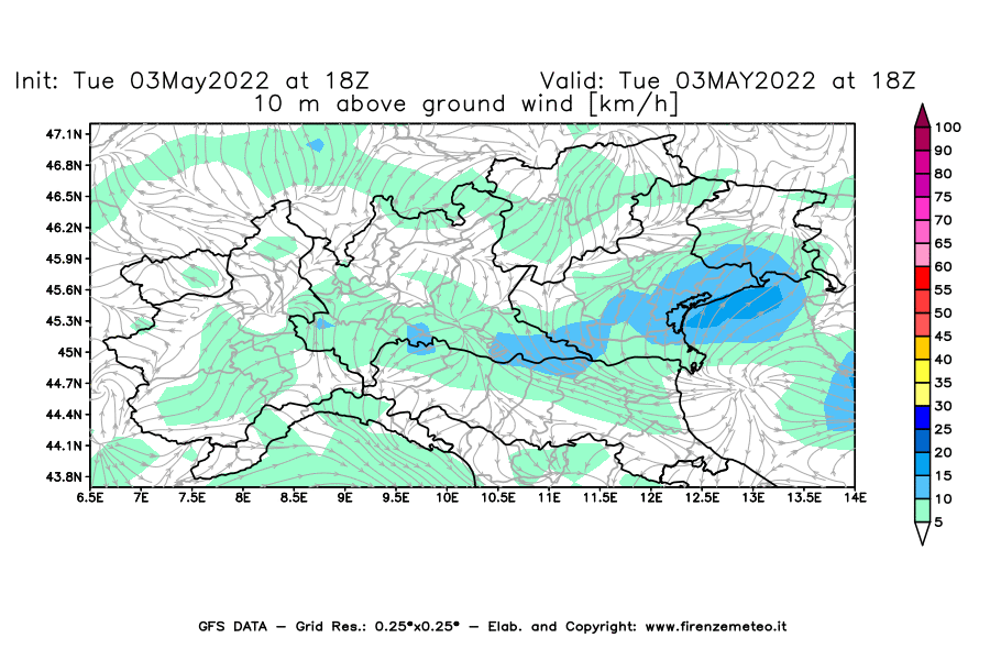 Mappa di analisi GFS - Velocità del vento a 10 metri dal suolo [km/h] in Nord-Italia
									del 03/05/2022 18 <!--googleoff: index-->UTC<!--googleon: index-->