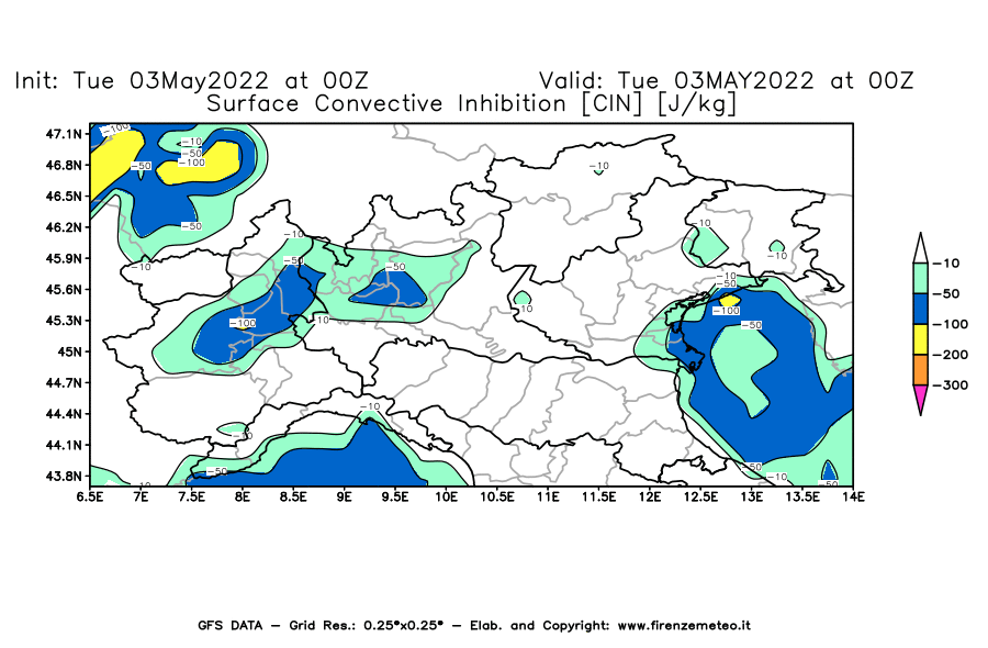 Mappa di analisi GFS - CIN [J/kg] in Nord-Italia
									del 03/05/2022 00 <!--googleoff: index-->UTC<!--googleon: index-->