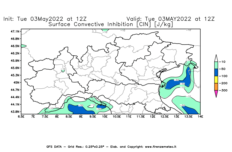 Mappa di analisi GFS - CIN [J/kg] in Nord-Italia
									del 03/05/2022 12 <!--googleoff: index-->UTC<!--googleon: index-->