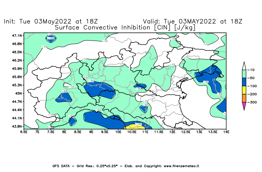 Mappa di analisi GFS - CIN [J/kg] in Nord-Italia
									del 03/05/2022 18 <!--googleoff: index-->UTC<!--googleon: index-->