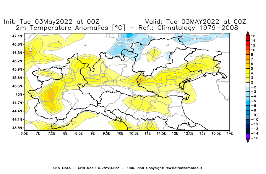 Mappa di analisi GFS - Anomalia Temperatura [°C] a 2 m in Nord-Italia
									del 03/05/2022 00 <!--googleoff: index-->UTC<!--googleon: index-->