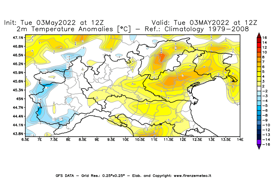 Mappa di analisi GFS - Anomalia Temperatura [°C] a 2 m in Nord-Italia
									del 03/05/2022 12 <!--googleoff: index-->UTC<!--googleon: index-->