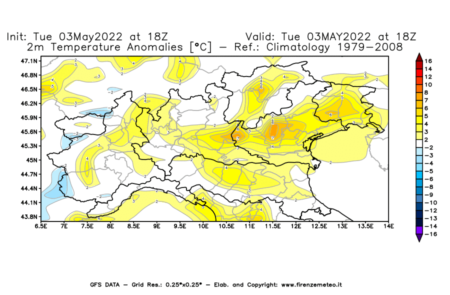Mappa di analisi GFS - Anomalia Temperatura [°C] a 2 m in Nord-Italia
									del 03/05/2022 18 <!--googleoff: index-->UTC<!--googleon: index-->