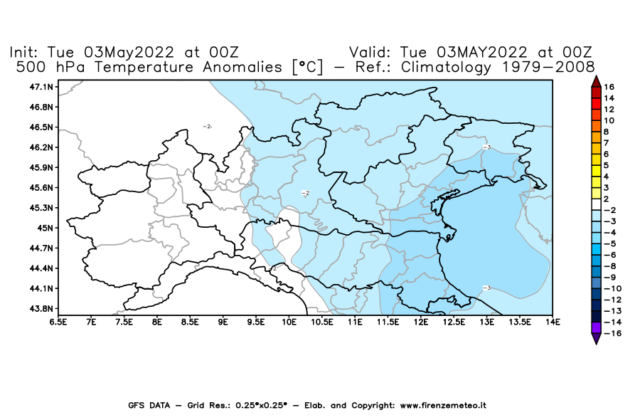 Mappa di analisi GFS - Anomalia Temperatura [°C] a 500 hPa in Nord-Italia
									del 03/05/2022 00 <!--googleoff: index-->UTC<!--googleon: index-->