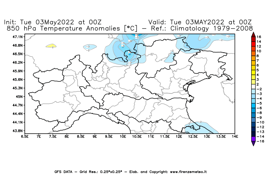 Mappa di analisi GFS - Anomalia Temperatura [°C] a 850 hPa in Nord-Italia
									del 03/05/2022 00 <!--googleoff: index-->UTC<!--googleon: index-->