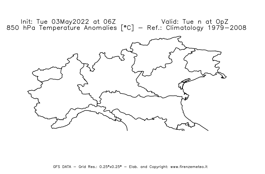 Mappa di analisi GFS - Anomalia Temperatura [°C] a 850 hPa in Nord-Italia
									del 03/05/2022 06 <!--googleoff: index-->UTC<!--googleon: index-->