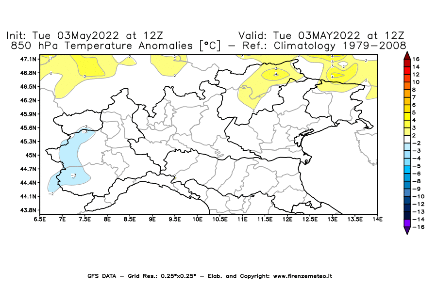 Mappa di analisi GFS - Anomalia Temperatura [°C] a 850 hPa in Nord-Italia
									del 03/05/2022 12 <!--googleoff: index-->UTC<!--googleon: index-->