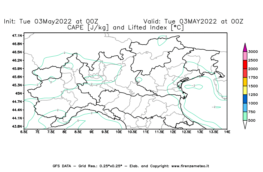 Mappa di analisi GFS - CAPE [J/kg] e Lifted Index [°C] in Nord-Italia
									del 03/05/2022 00 <!--googleoff: index-->UTC<!--googleon: index-->