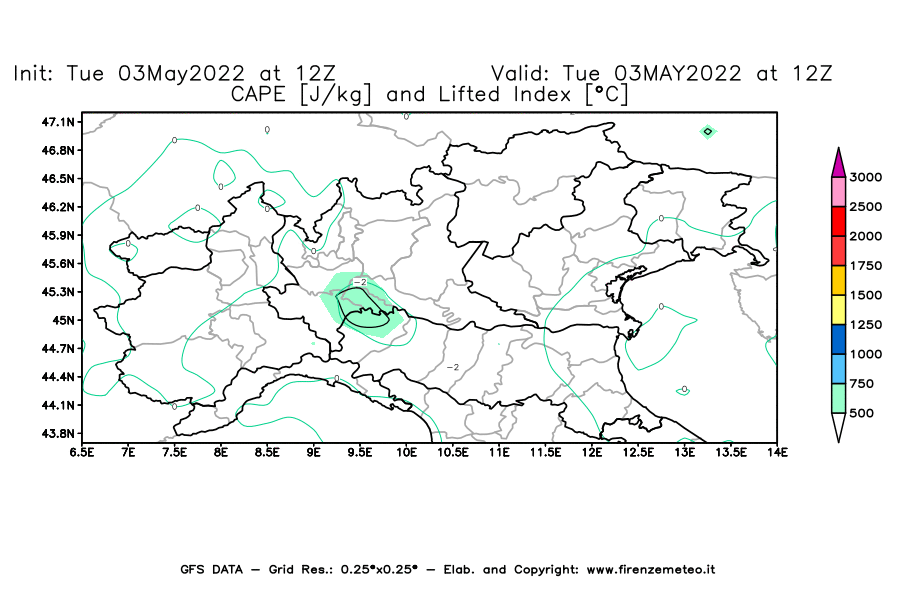 Mappa di analisi GFS - CAPE [J/kg] e Lifted Index [°C] in Nord-Italia
									del 03/05/2022 12 <!--googleoff: index-->UTC<!--googleon: index-->