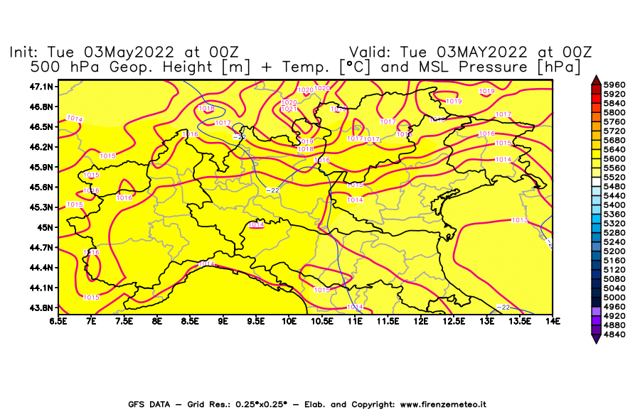 Mappa di analisi GFS - Geopotenziale [m] + Temp. [°C] a 500 hPa + Press. a livello del mare [hPa] in Nord-Italia
									del 03/05/2022 00 <!--googleoff: index-->UTC<!--googleon: index-->