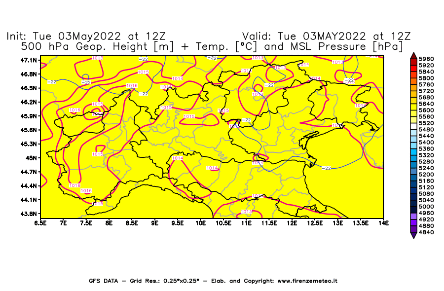 Mappa di analisi GFS - Geopotenziale [m] + Temp. [°C] a 500 hPa + Press. a livello del mare [hPa] in Nord-Italia
									del 03/05/2022 12 <!--googleoff: index-->UTC<!--googleon: index-->